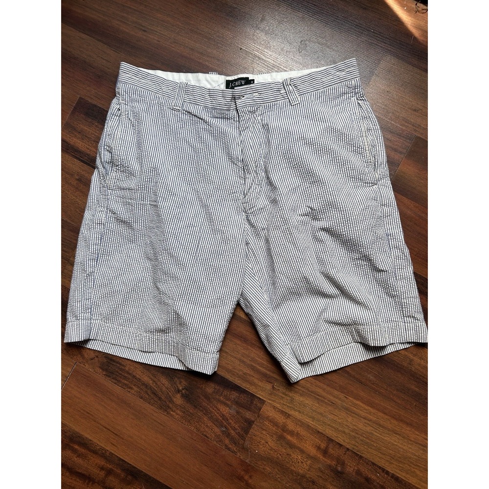 J CREW Shorts Mens 32 Blue White Striped Cotton Seersucker
